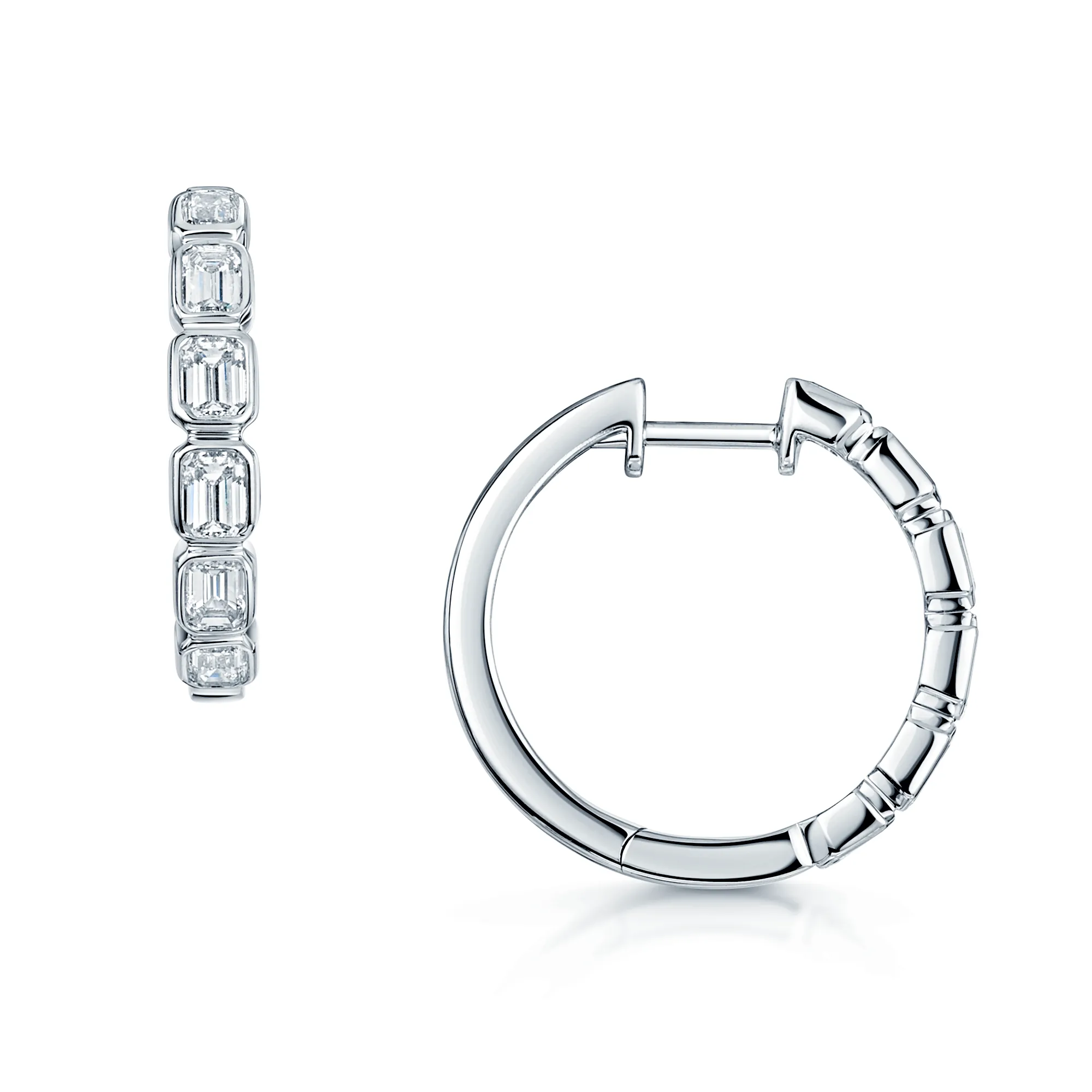 18ct White Gold Emerald Cut Diamond Rub Over Hoop Earrings