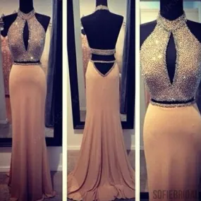 2 pieces Halter Backless Rhinestone Beaded Sexy Mermaid Long Prom Dresses, PD0284