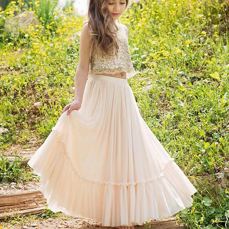 2 Pieces Sequin Top Blush Pink Chiffon Skirt Flower Girl Dresses, FG059