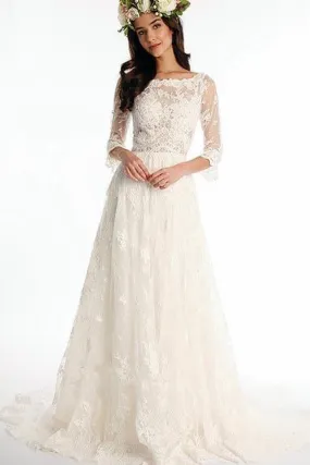 A line Bateau Half Sleeve Lace Wedding Dress With Sweep Train V Back Bridal Dress JS513