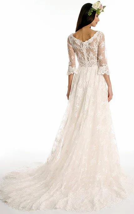 A line Bateau Half Sleeve Lace Wedding Dress With Sweep Train V Back Bridal Dress JS513