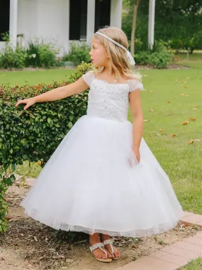 A-line Cap-sleeves Lace Appliques Ankle-length Flower Girl Dresses, FG0141