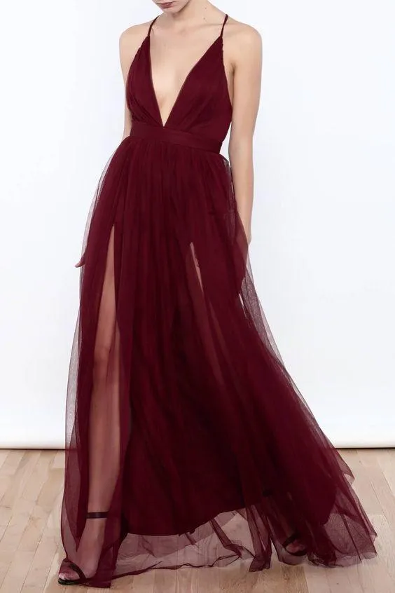 A-line Deep-V Floor-Length Tulle Simple Prom Dresses ASD2506