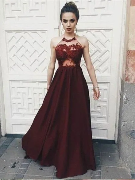 A-line Halter Floor-Length Satin Burgundy  Prom Dresses With Appliques HX00105