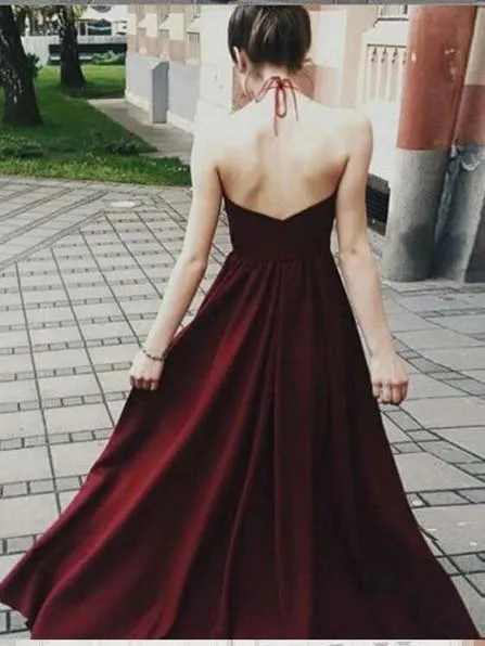 A-line Halter Floor-Length Satin Burgundy  Prom Dresses With Appliques HX00105