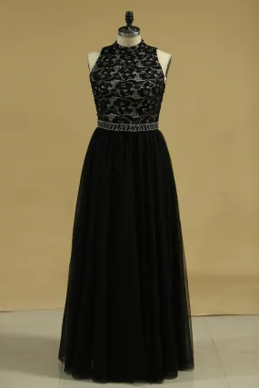 A Line High Neck Prom Dresses Tulle With Beading Floor Length