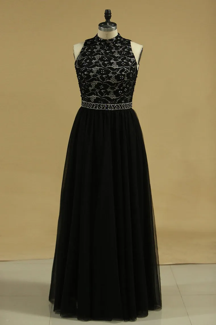 A Line High Neck Prom Dresses Tulle With Beading Floor Length