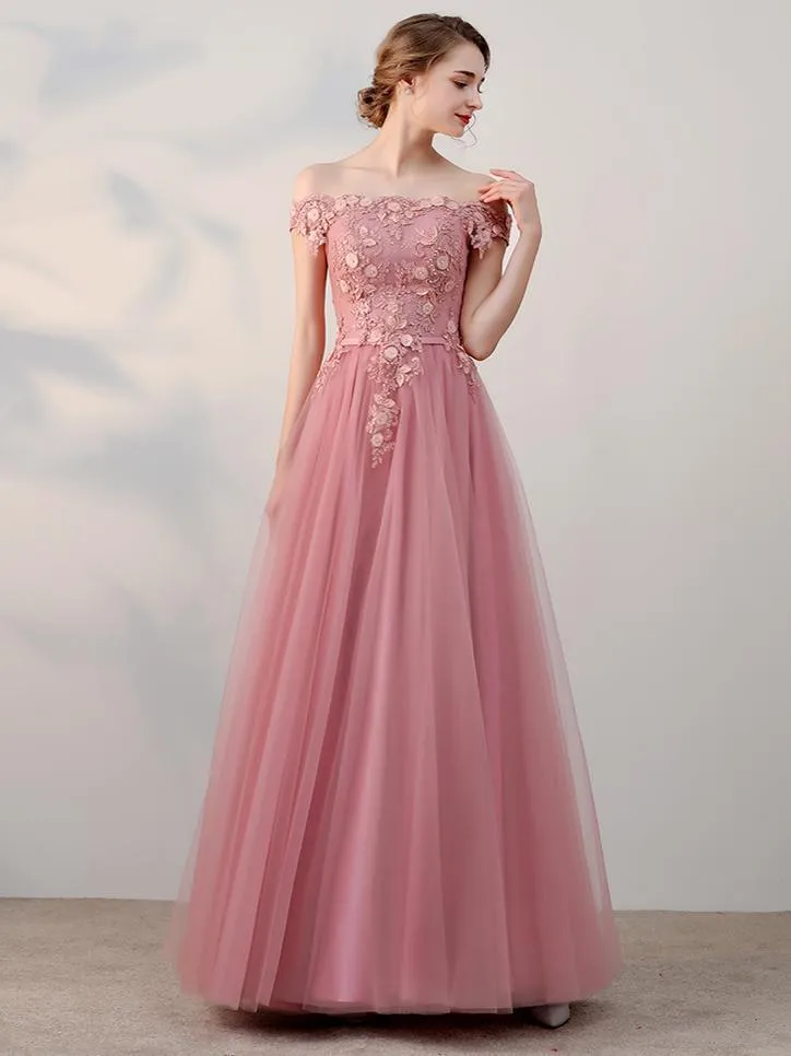 A-line Off-Shoulder Floor-Length Tulle Appliqued Beaded Prom Dresses ASD26776