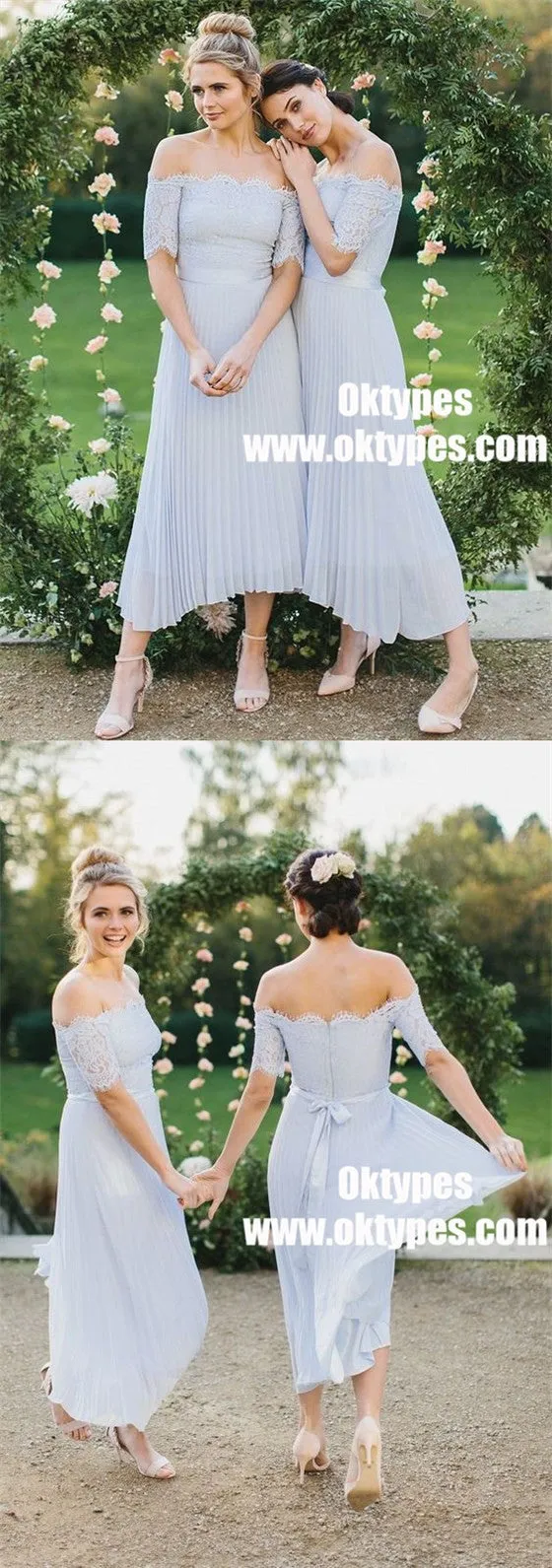 A-Line Off-Shoulder Light Blue Pleated Chiffon Bridesmaid Dress with Lace, TYP0855