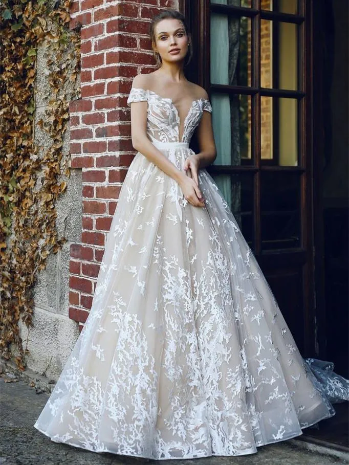 A-line Off-Shoulder Sweep Train Organza Elegant Prom Dresses HX00124