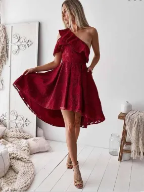 A-Line One Shoulder Hi-lo Red Lace Homecoming Dress ,Short Prom Dresses,BDY0348