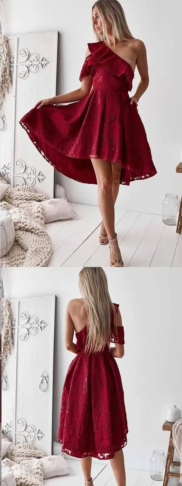 A-Line One Shoulder Hi-lo Red Lace Homecoming Dress ,Short Prom Dresses,BDY0348