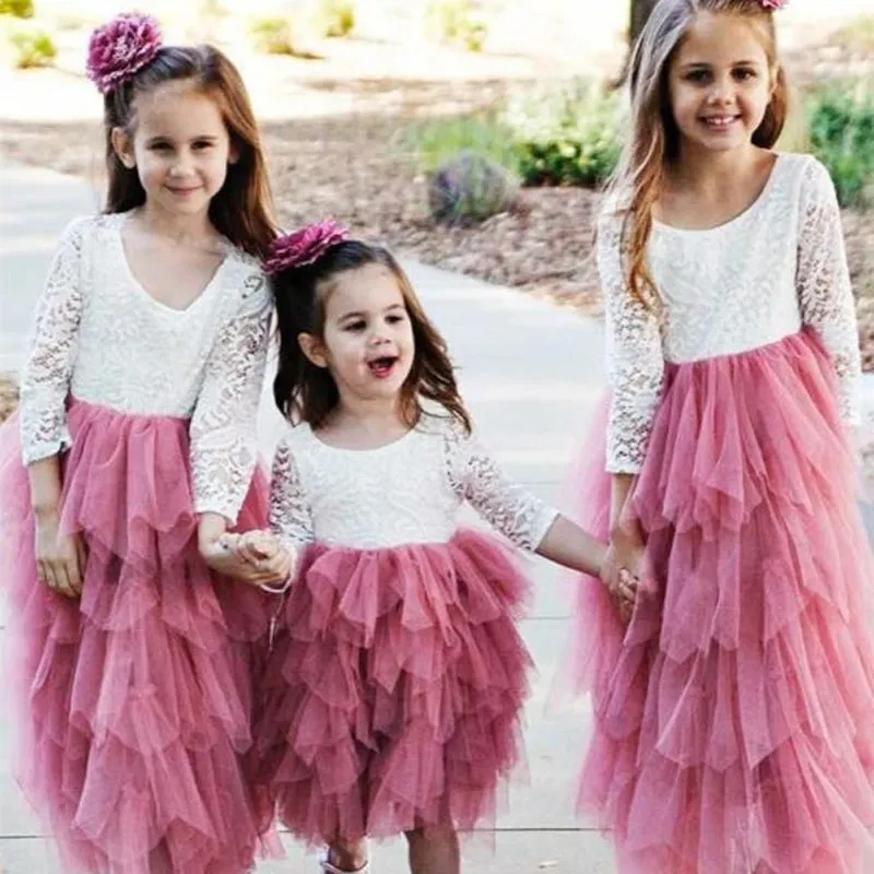 A-line Round Neck Lace Long Sleeves Tulle Flower Girl Dresses, FG0139