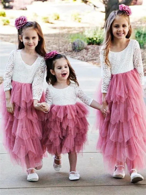 A-line Round Neck Lace Long Sleeves Tulle Flower Girl Dresses, FG0139