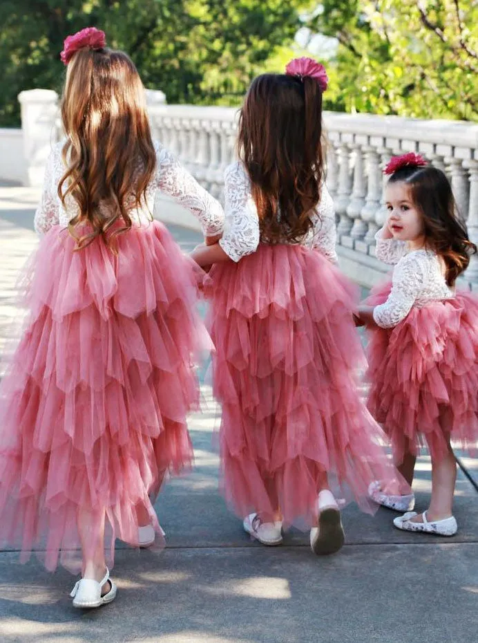 A-line Round Neck Lace Long Sleeves Tulle Flower Girl Dresses, FG0139