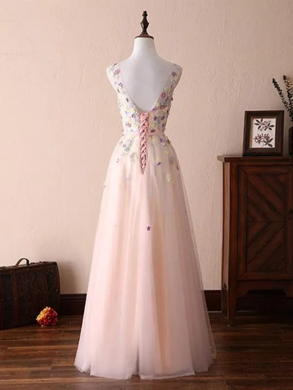 A Line Round Necks Appliques Light Pink Prom Dresses, Pink Formal Dresses, Evening Dresses with