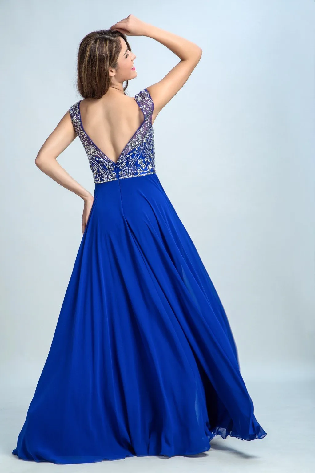 A-line Scoop-Neck Sweep Train Chiffon Rhine Stone  Beaded Royal Blue Prom Dresses 2926