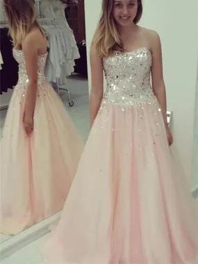 A-line Sweetheart Floor-Length Tulle Sequined Prom Dresses HX00142