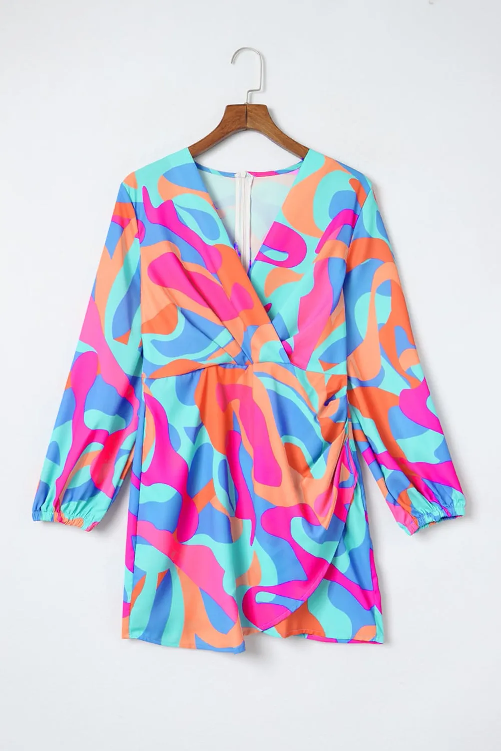 Abstract Wrap Puff Sleeve Dress