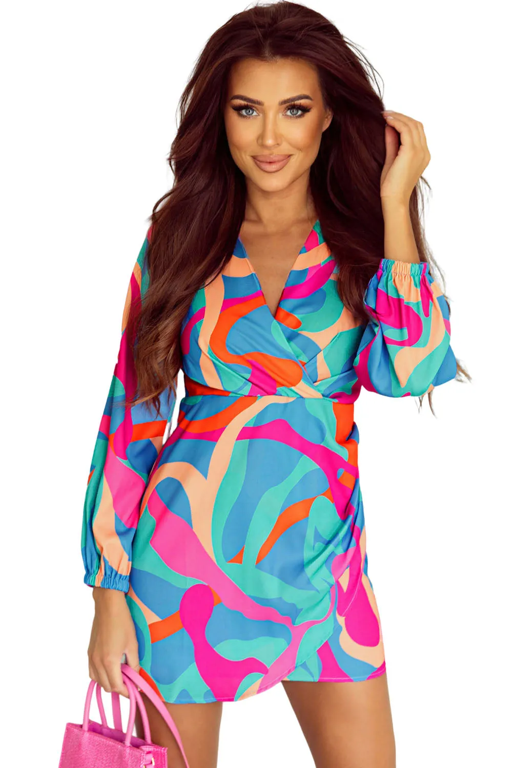 Abstract Wrap Puff Sleeve Dress