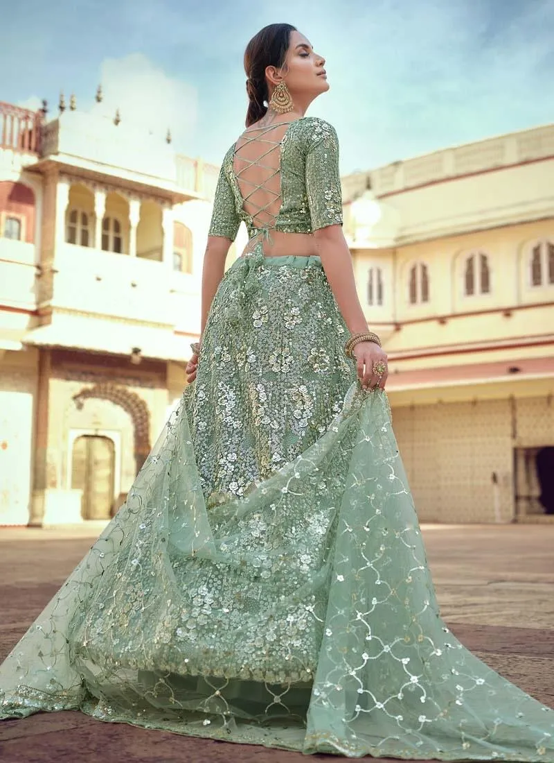 Adorable Look Green Color Soft Net Material Sequins Work Lehenga Choli