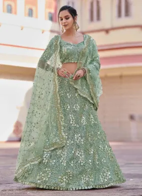 Adorable Look Green Color Soft Net Material Sequins Work Lehenga Choli