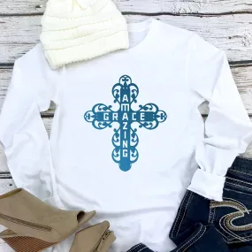 Amazing Grace Filigree Cross Long Sleeve Tee - Light Colors