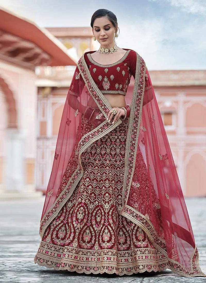 Amazing Maroon Color Velvet Material Resham Work Panelled Lehenga