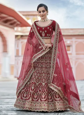 Amazing Maroon Color Velvet Material Resham Work Panelled Lehenga