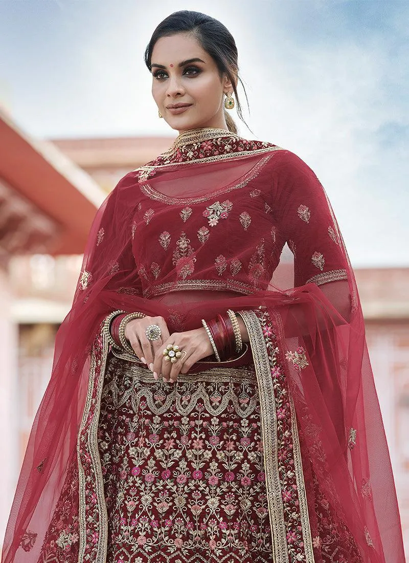 Amazing Maroon Color Velvet Material Resham Work Panelled Lehenga