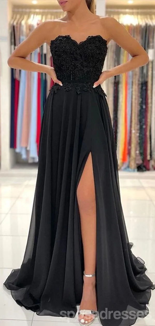 Black A-line Sweetheart High Slit Cheap Long Prom Dresses Online,12850