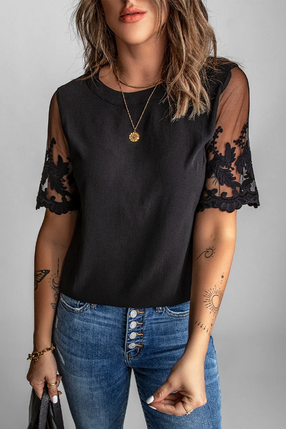 Black Lace Short Sleeve Top