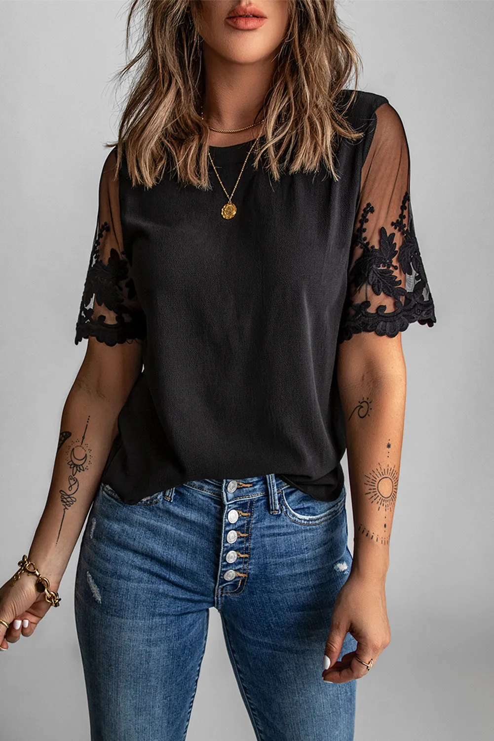 Black Lace Short Sleeve Top