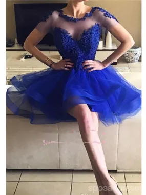 Blue Short Sleeves Jewel Homecoming Dresses,Cheap Short Prom Dresses,CM921