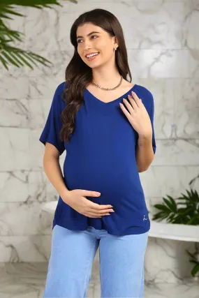 Blue Solid Nursing Top with Side Zip Access