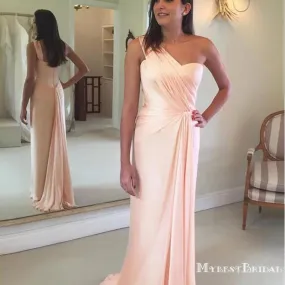 Blush One Shoulder Sleeveless Long Cheap Chiffon Bridesmaid Dresses, TYP0009