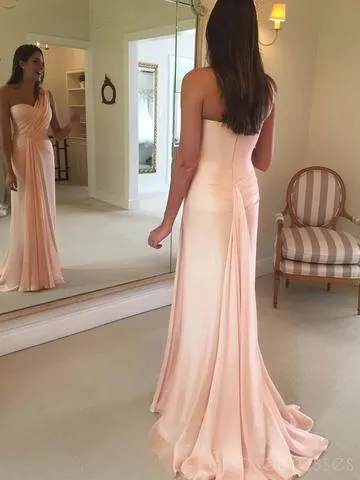 Blush One Shoulder Sleeveless Long Cheap Chiffon Bridesmaid Dresses, TYP0009