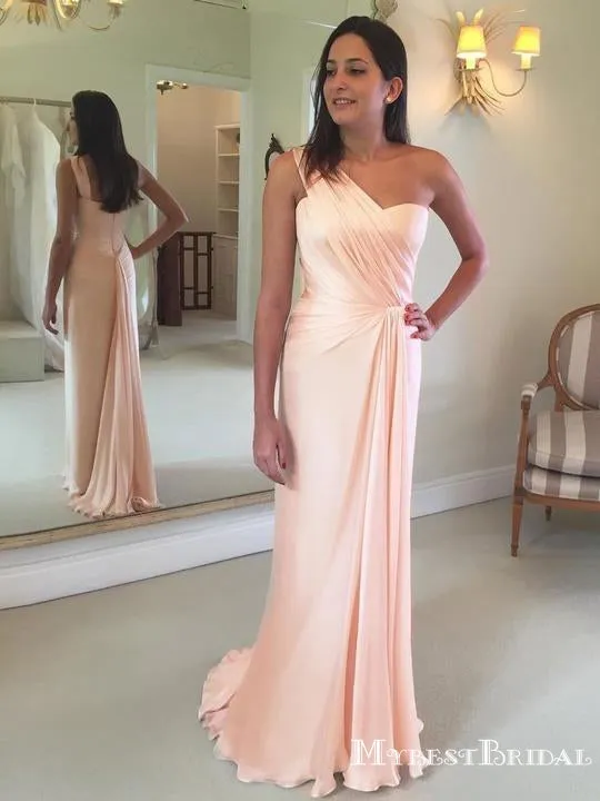 Blush One Shoulder Sleeveless Long Cheap Chiffon Bridesmaid Dresses, TYP0009