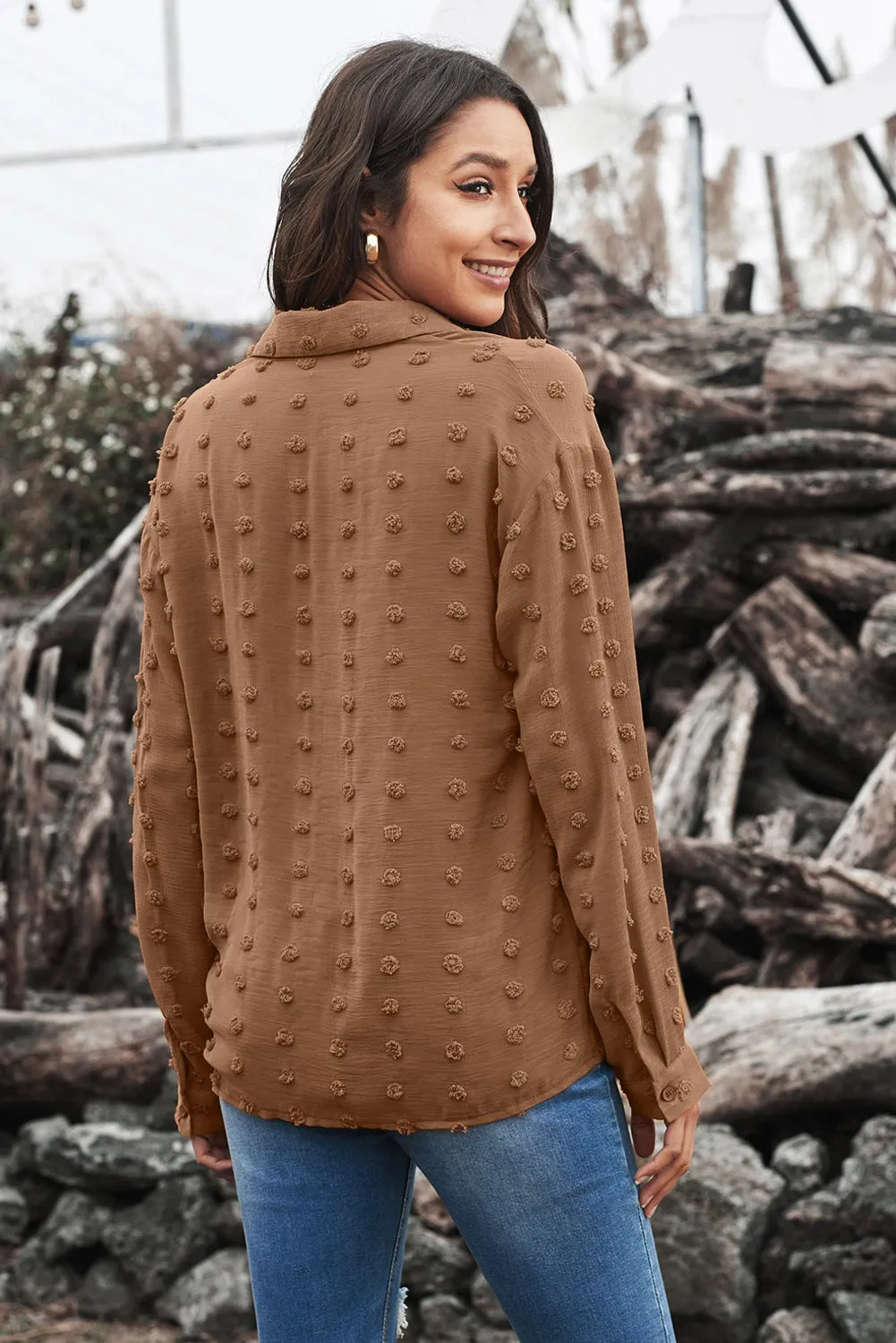 Brown Long Sleeve Button Fuzzy Polka Dot Shirt