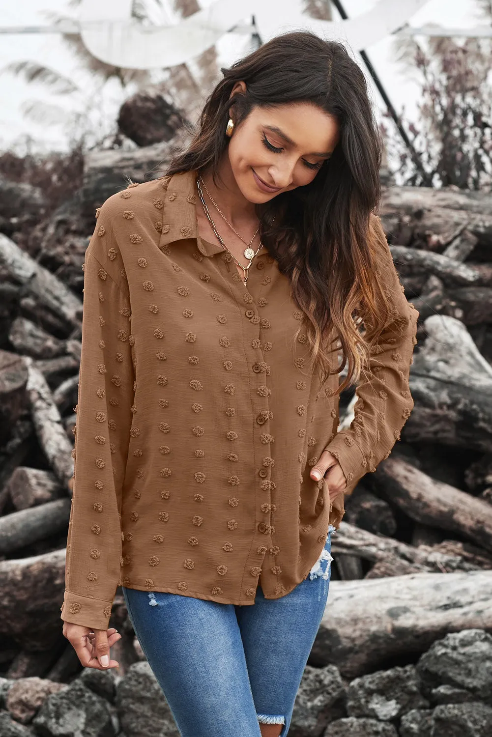 Brown Long Sleeve Button Fuzzy Polka Dot Shirt