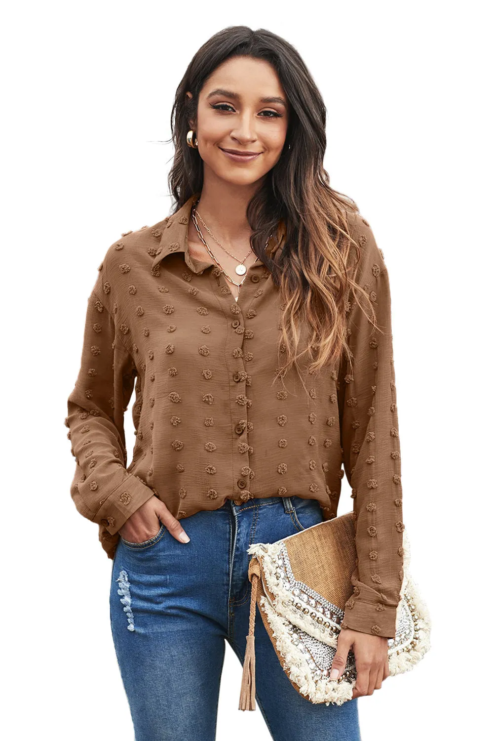 Brown Long Sleeve Button Fuzzy Polka Dot Shirt