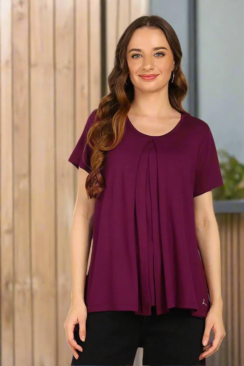 Burgundy Front & Back Pleated Zipless Nursing Top