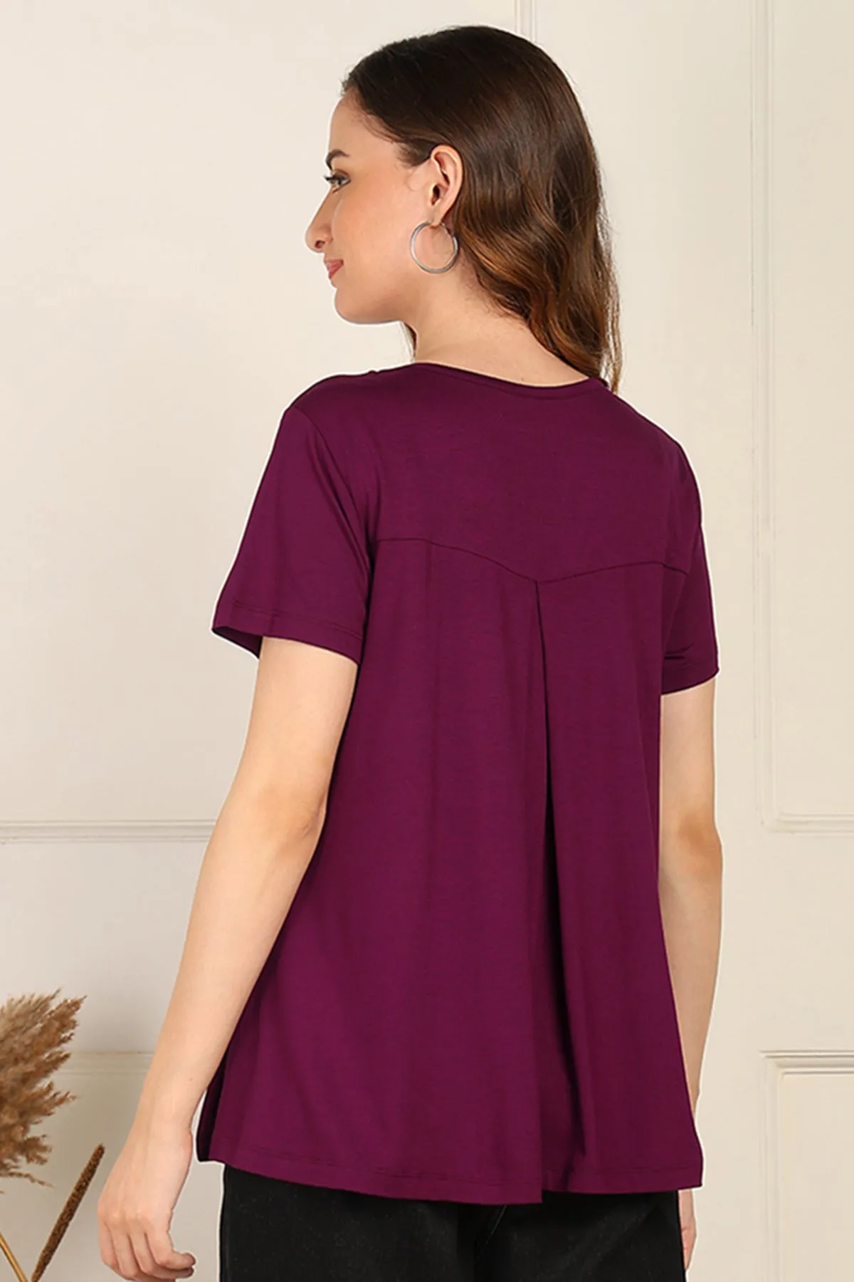 Burgundy Front & Back Pleated Zipless Nursing Top