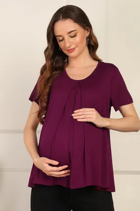 Burgundy Front & Back Pleated Zipless Nursing Top