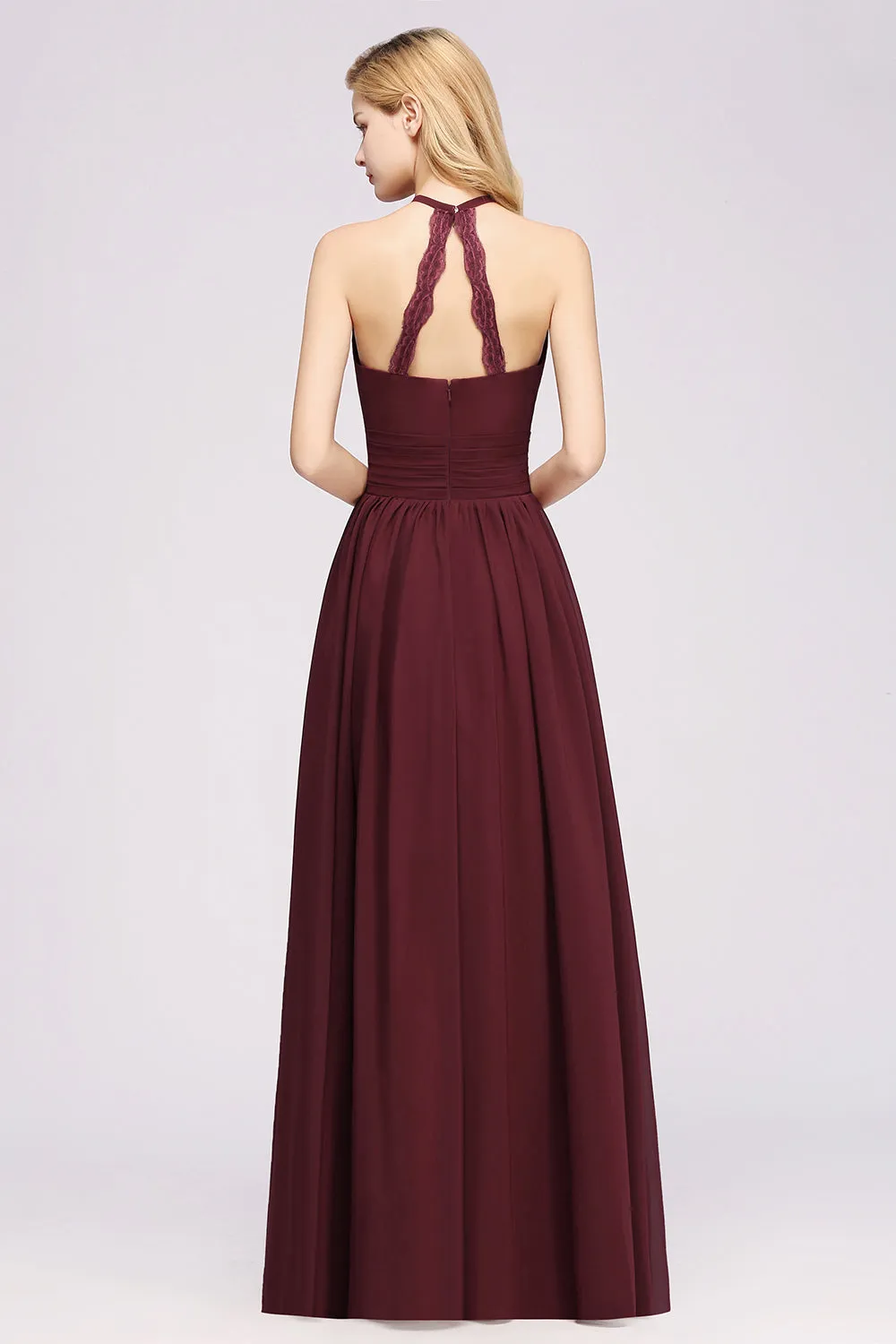 Burgundy Long A-line Chiffon Halter Bridesmaid Dresses with Ruffles