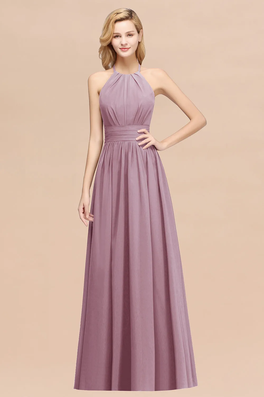 Burgundy Long A-line Chiffon Halter Bridesmaid Dresses with Ruffles