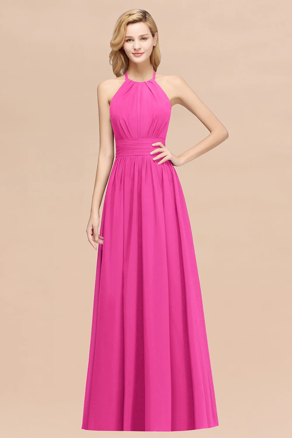 Burgundy Long A-line Chiffon Halter Bridesmaid Dresses with Ruffles