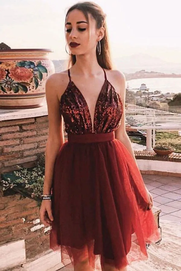 Burgundy Tulle Spaghetti Straps V-neck Homecoming Dresses with Sequins, SH485