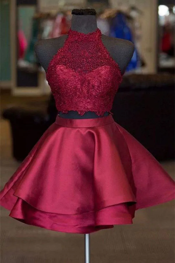 Burgundy Two Piece A-line Halter Satin Homecoming Dresses Short Prom Dresses, SH500