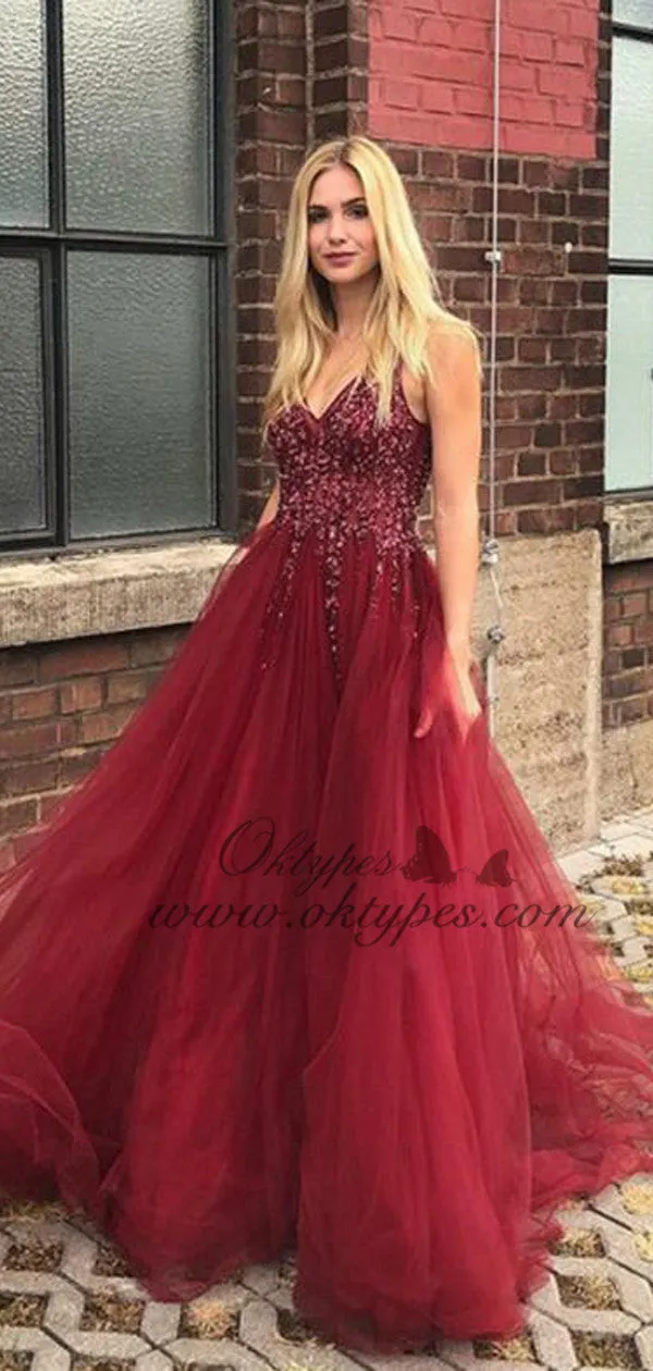 Burgundy V-neck Beading Bodice Long Tulle Prom Dresses, TYP1603